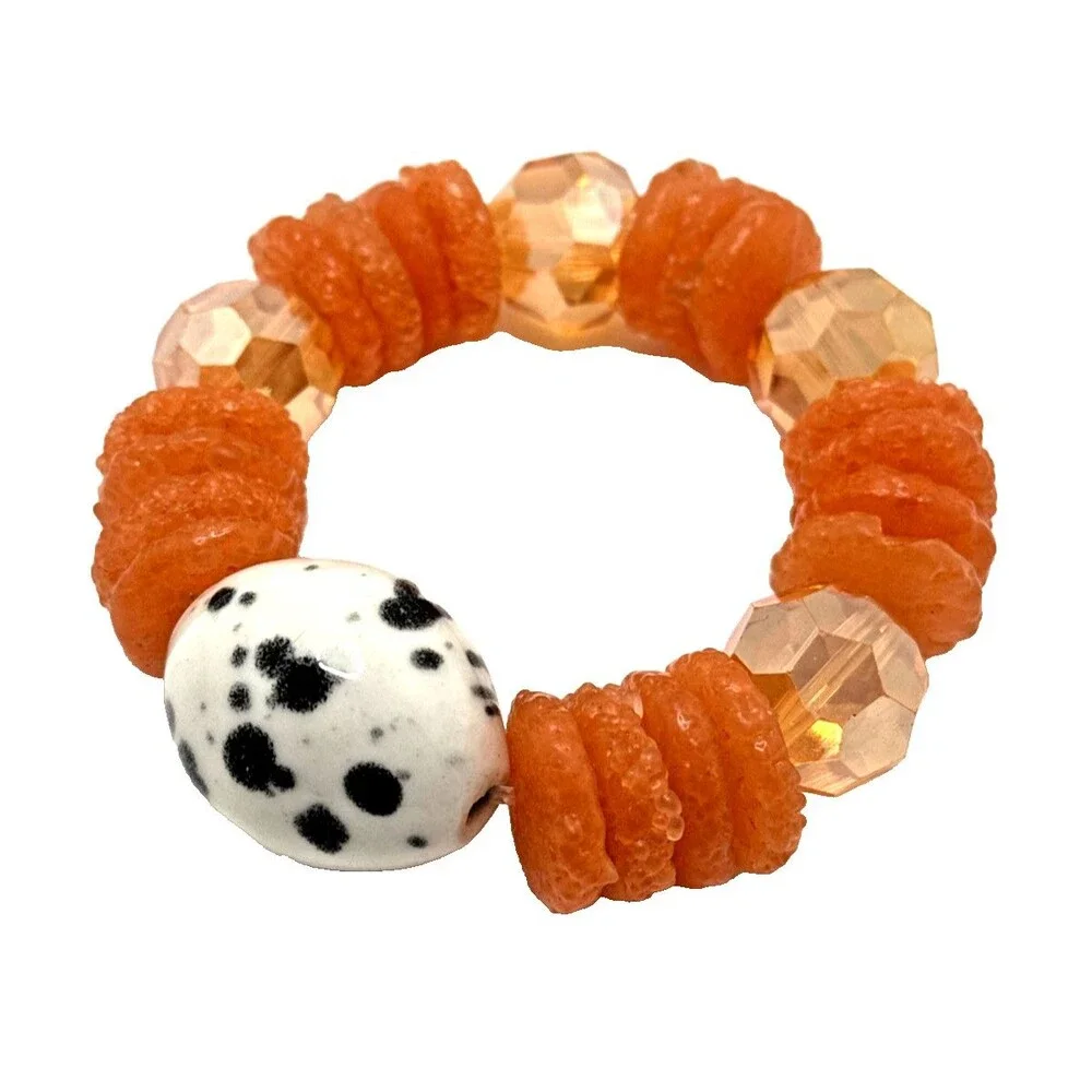 Orange Textured Glass Bead Stretch Bracelet White Spotted Ceramic Accent 7.5